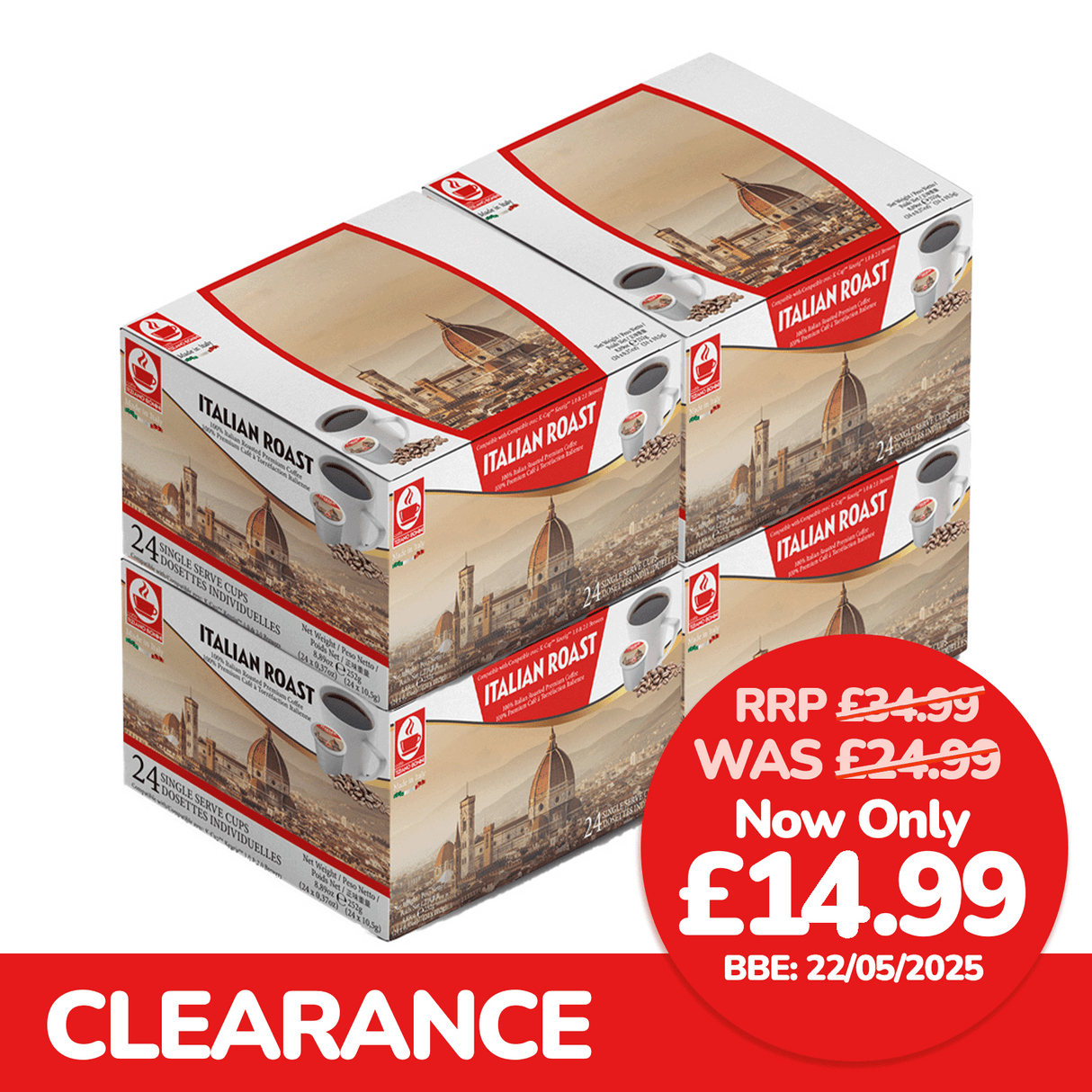 Italian Roast coffee packaging with a clearance label and price reduction information.