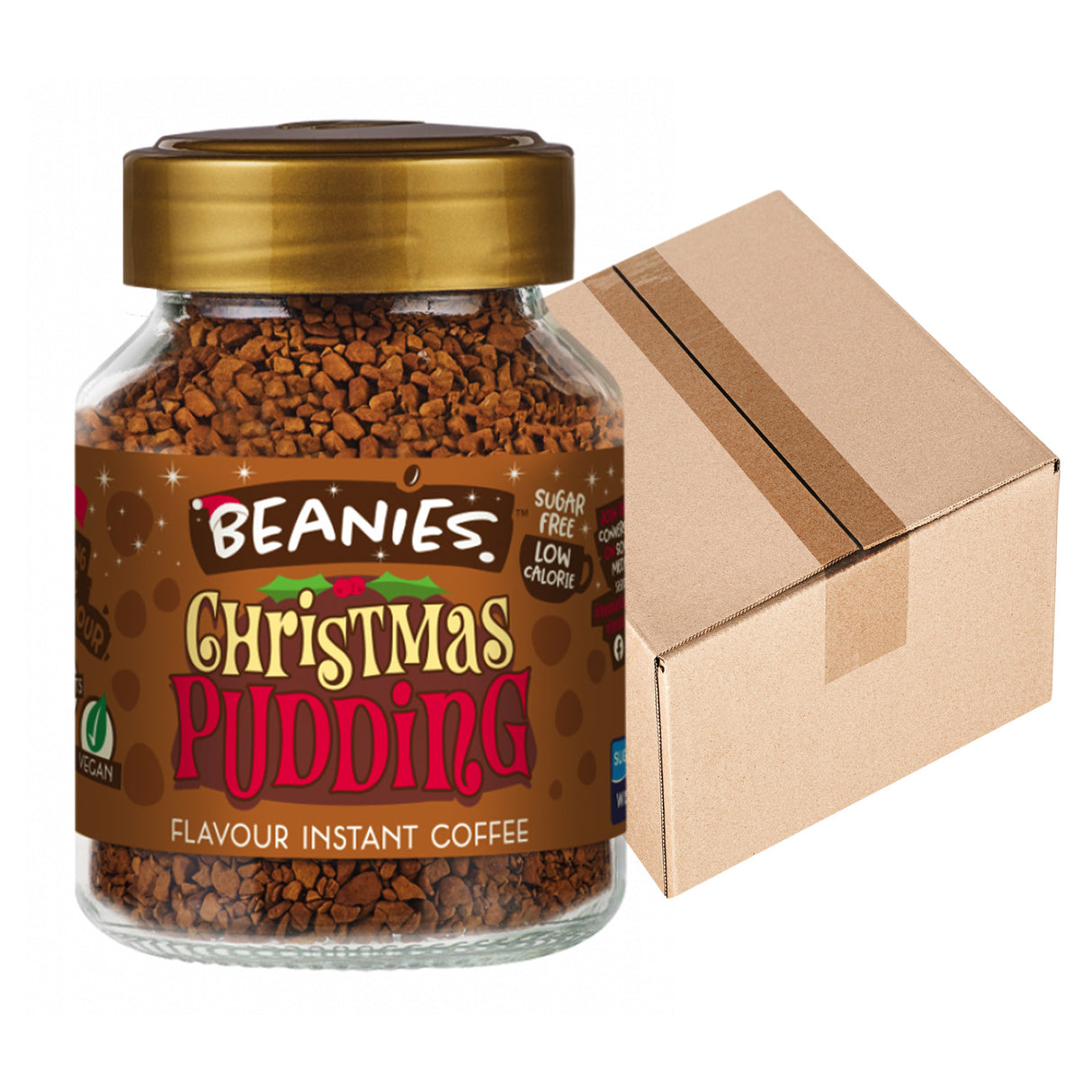 Jar of Beanies Christmas Pudding instant coffee with a cardboard box on a white background