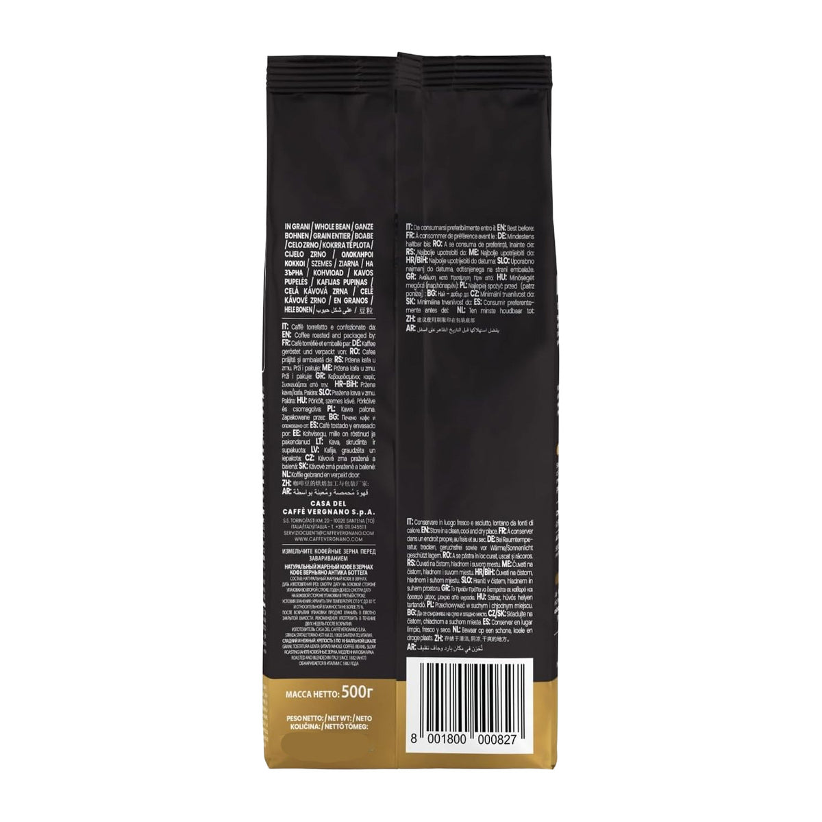 A 1kg bag of Caffè Verginano cffee beans reversed side.