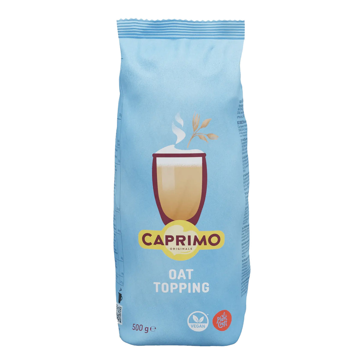 Blue package of Caprimo oat topping on a white background