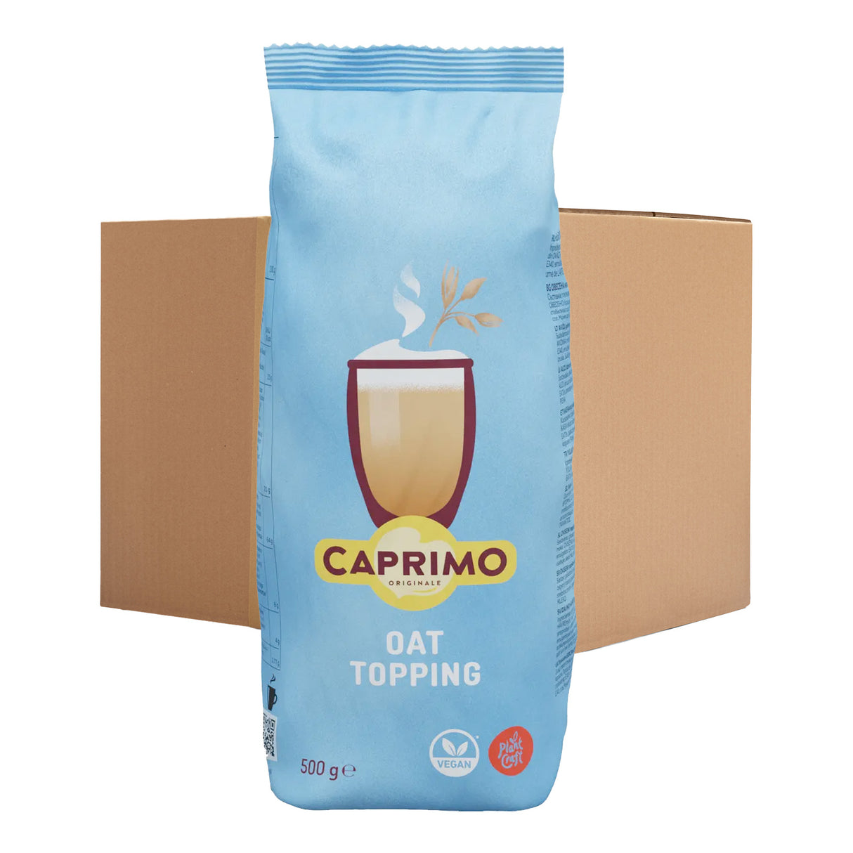 Bag of Caprimo oat topping with a cardboard box in the background