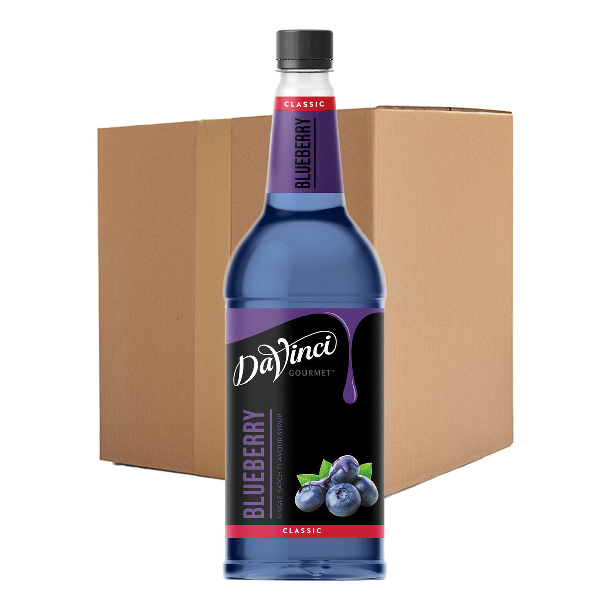DaVinci Gourmet Blueberry syrup bottle with a cardboard box in the background