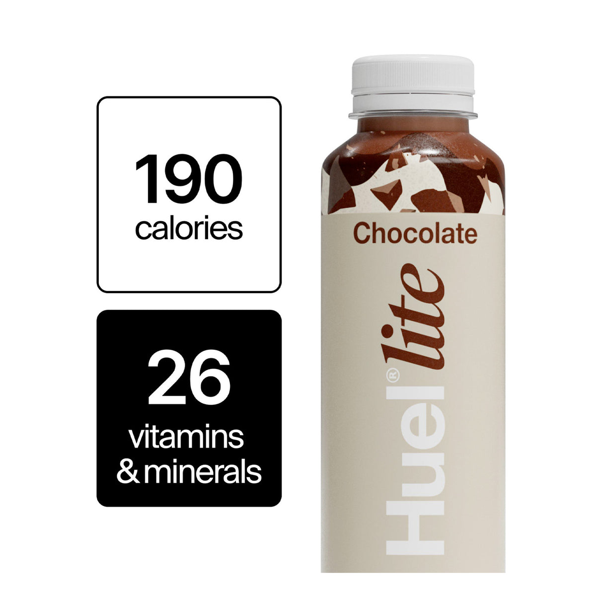 Huel Lite chocolate protein shake bottle with nutritional information on a white background