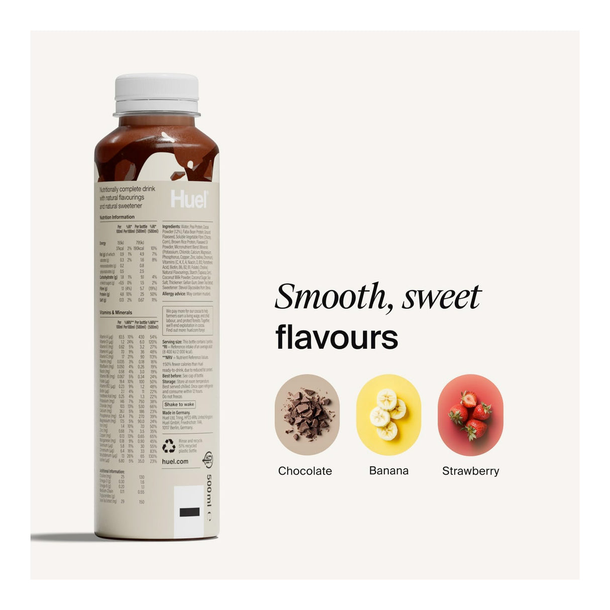 Huel protein shake bottle with flavor options on a white background