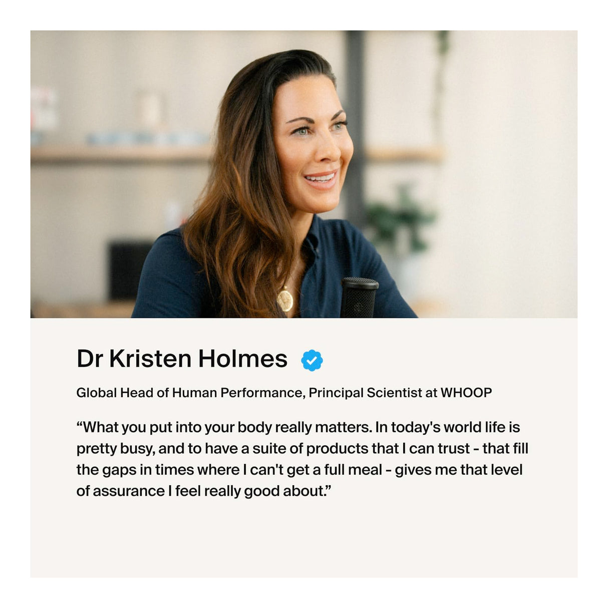 Woman with a quote from Dr. Kristen Holmes about human performance and trust in products.