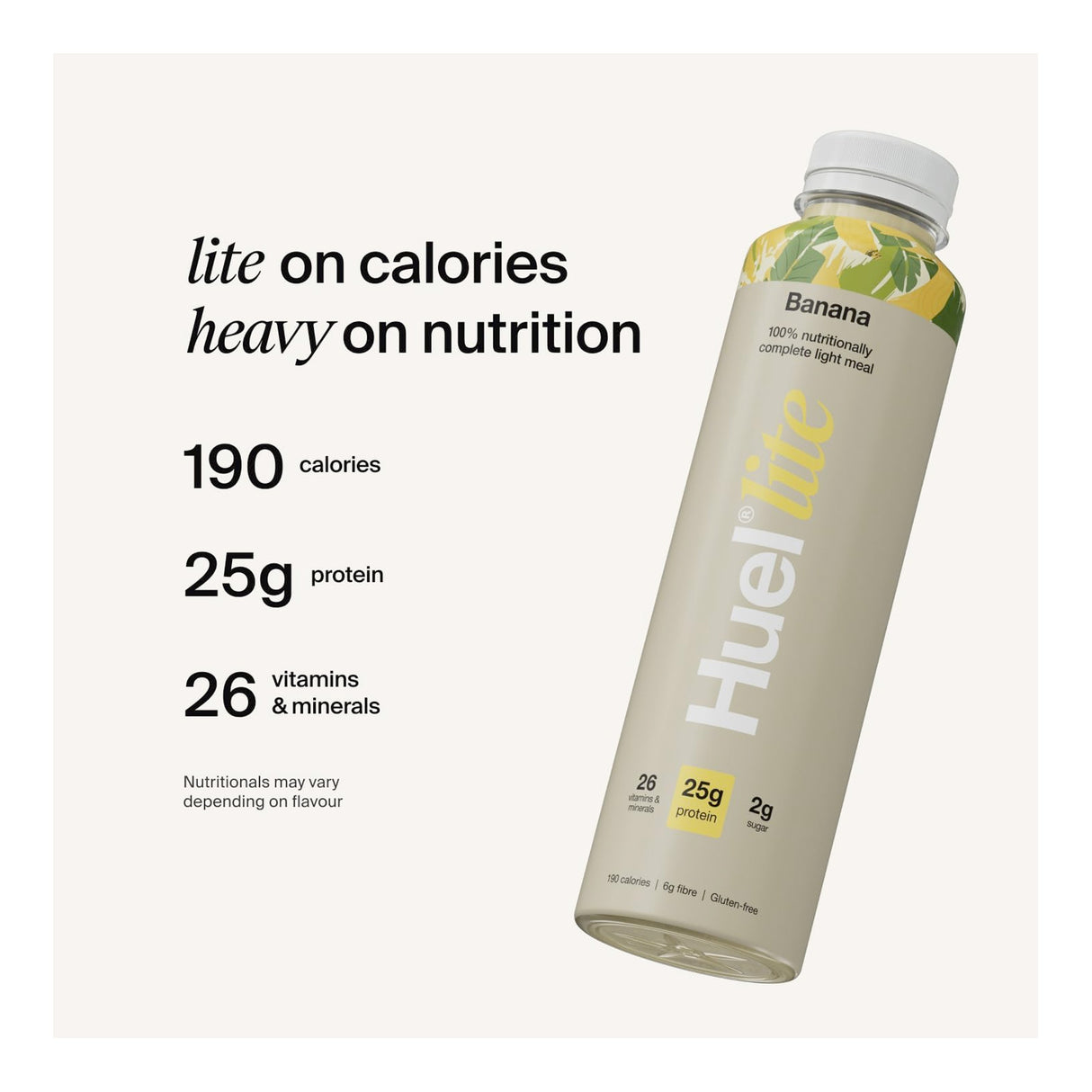 Huel banana protein shake bottle with nutritional information on a white background