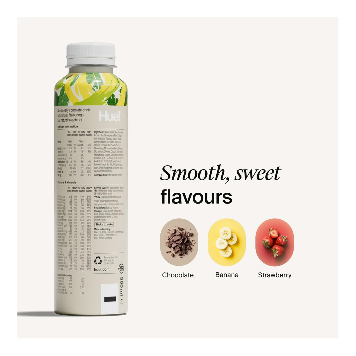 Bottle of Huel meal replacement shake with flavor options displayed on a white background