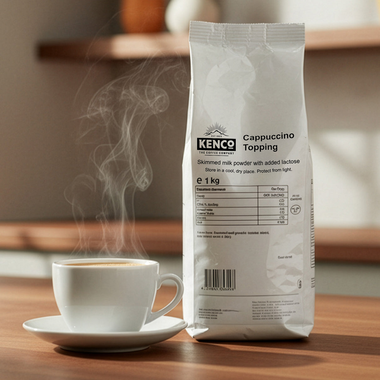 Kenco Cappuccino topping in a modern kitchen with a cappuccino coffee