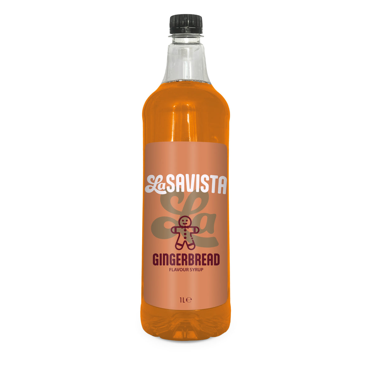 A 1L bottle of Savista Gingerbread flavour syrup, filled with orange liquid and featuring a peach-colored label with white and dark red text, set against a plain white background.