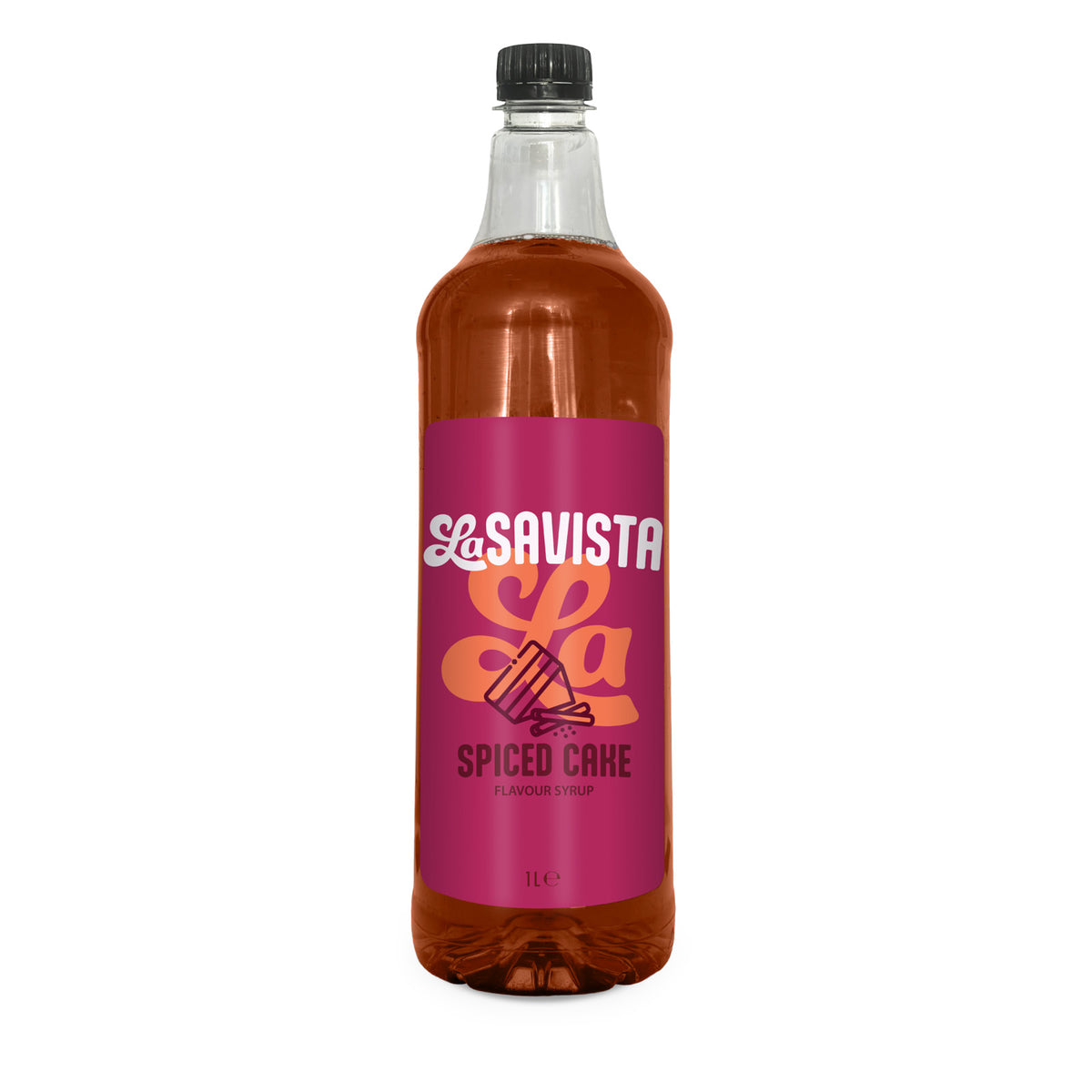 A 1L clear bottle of Savista Spiced Cake Flavour Syrup filled with amber-brown liquid, featuring a bright magenta label with white and orange branding, on a plain white background.