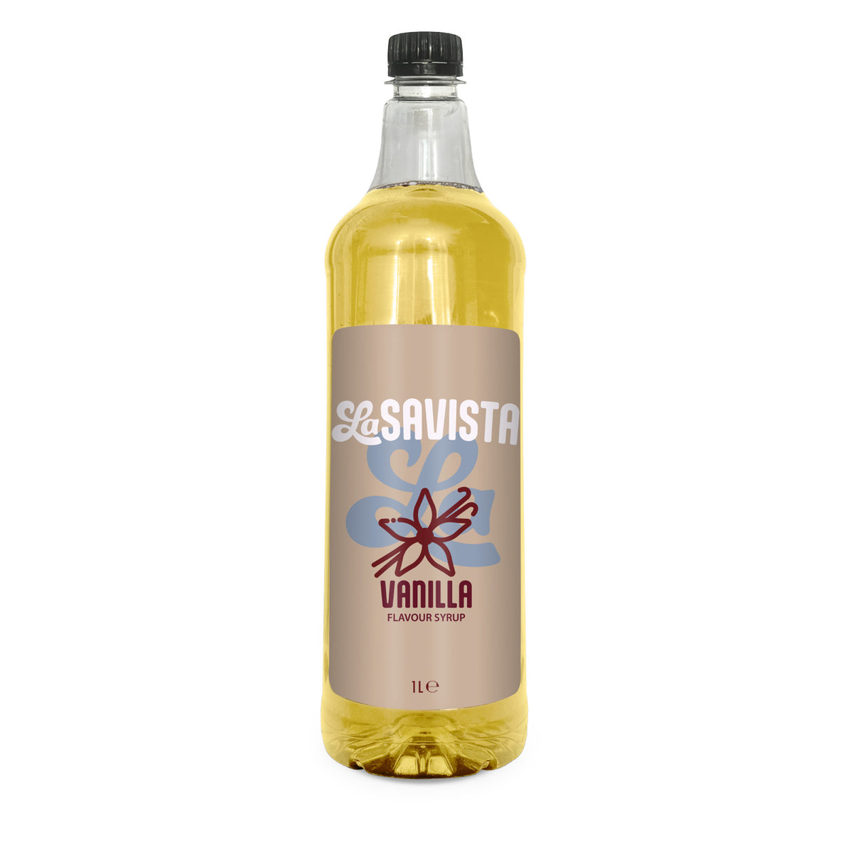 A 1-liter bottle of Savista Vanilla Flavouring Syrup with a beige label and black cap, filled with golden yellow syrup, on a white background.