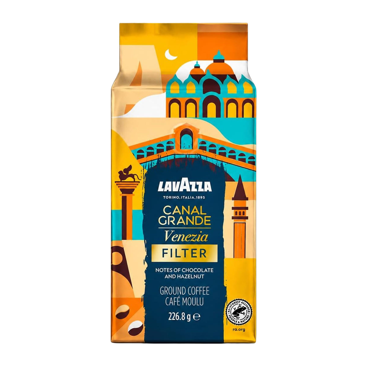 A package of Lavazza Canal Grande Venezia Filter ground coffee, featuring a colorful vector illustration of Venice on the front label.