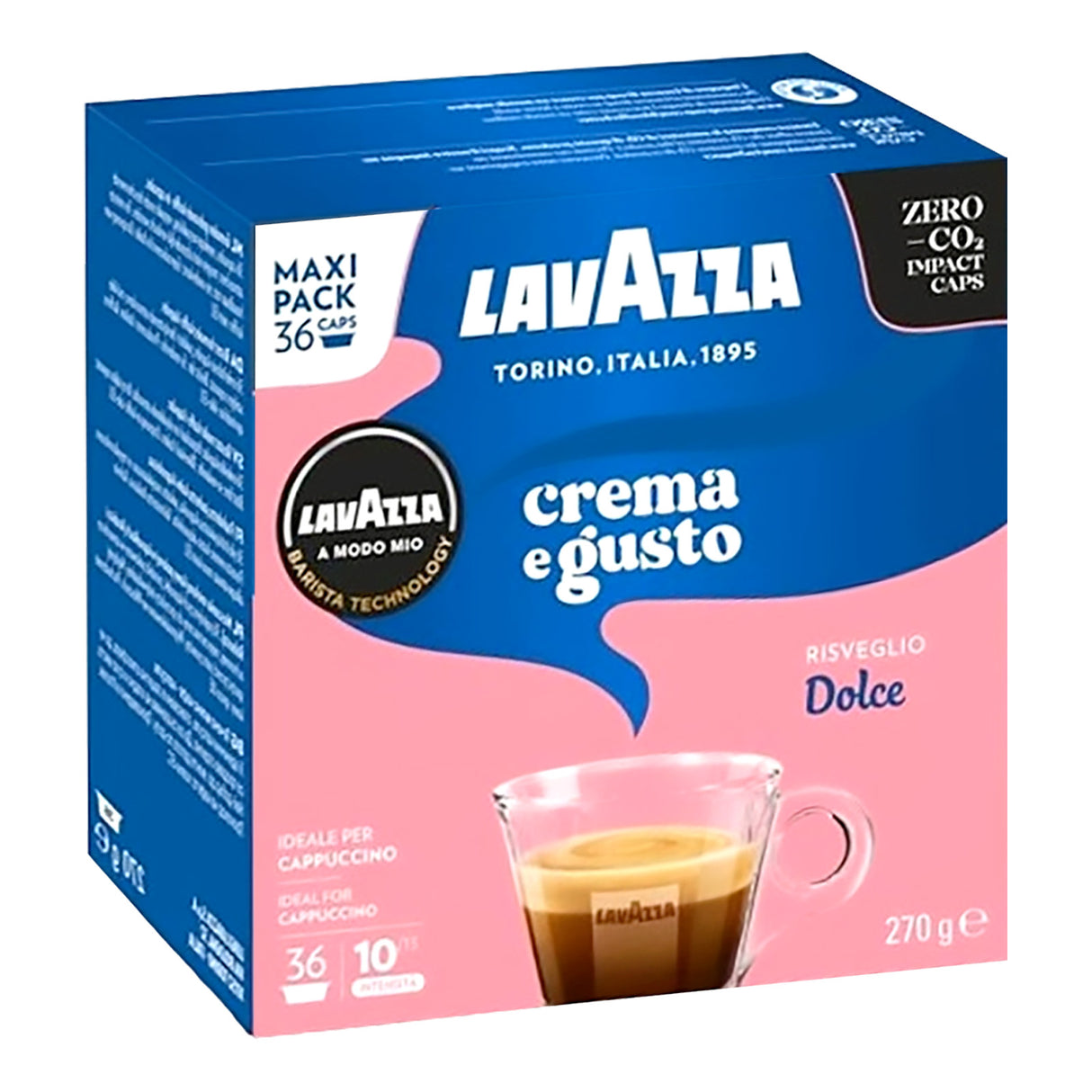 Lavazza Crema e Gusto coffee capsule box with a cup of coffee on a white background