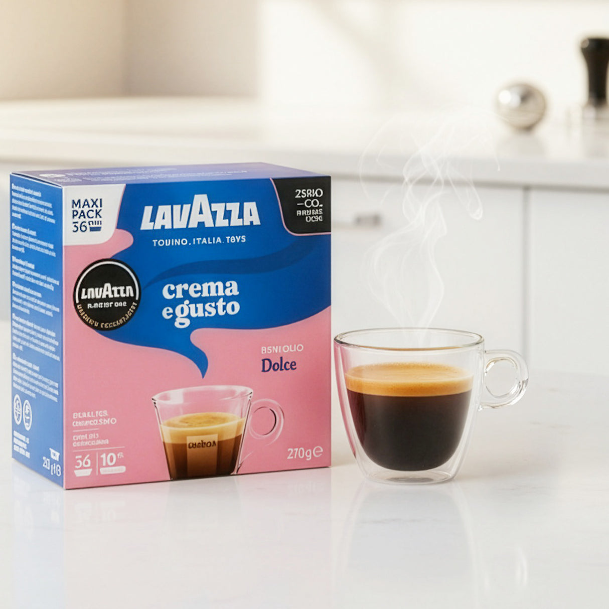 Lavazza coffee packaging with a glass of coffee on a white surface