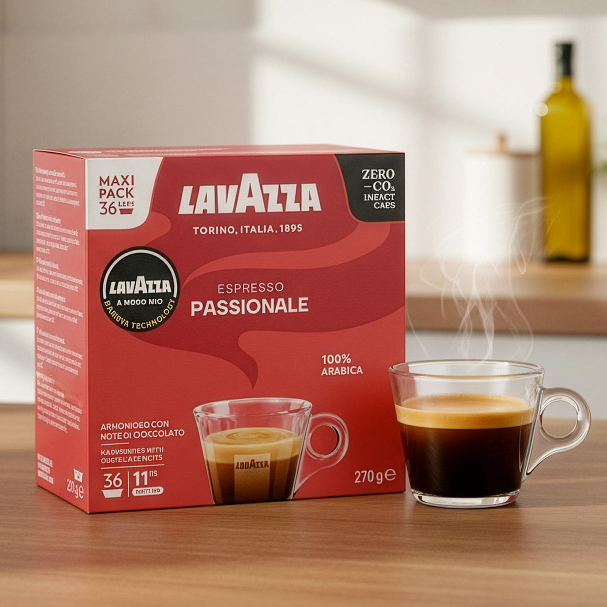 Lavazza Espresso Passionale coffee packaging with a steaming cup of coffee on a wooden surface.