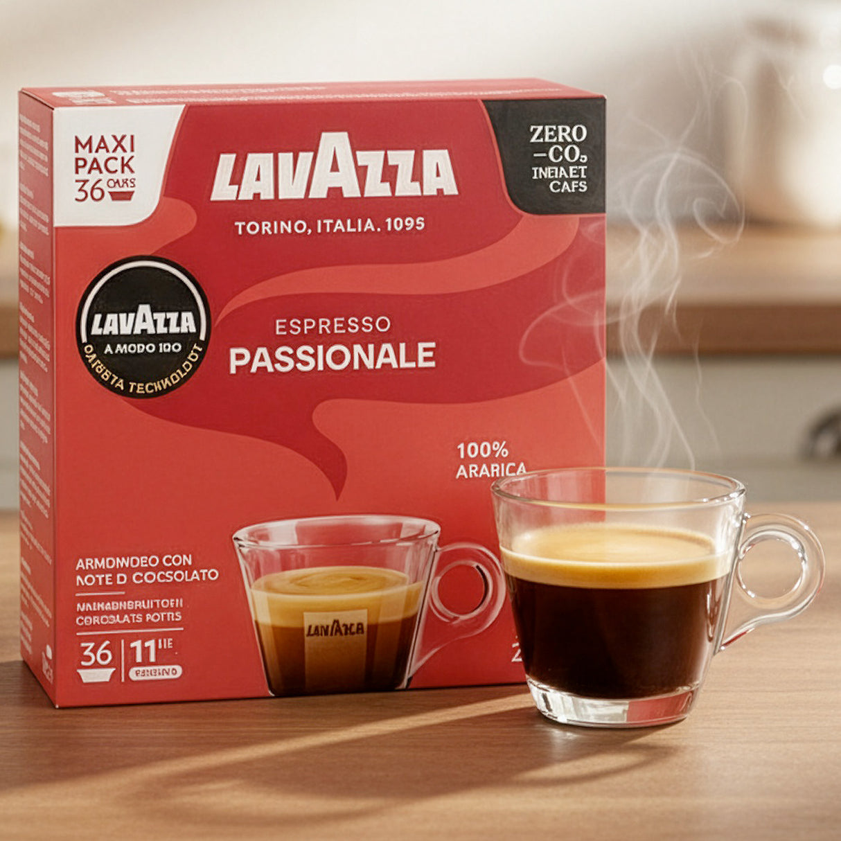 Lavazza Espresso Passionale coffee packaging with a glass of coffee on a wooden surface.
