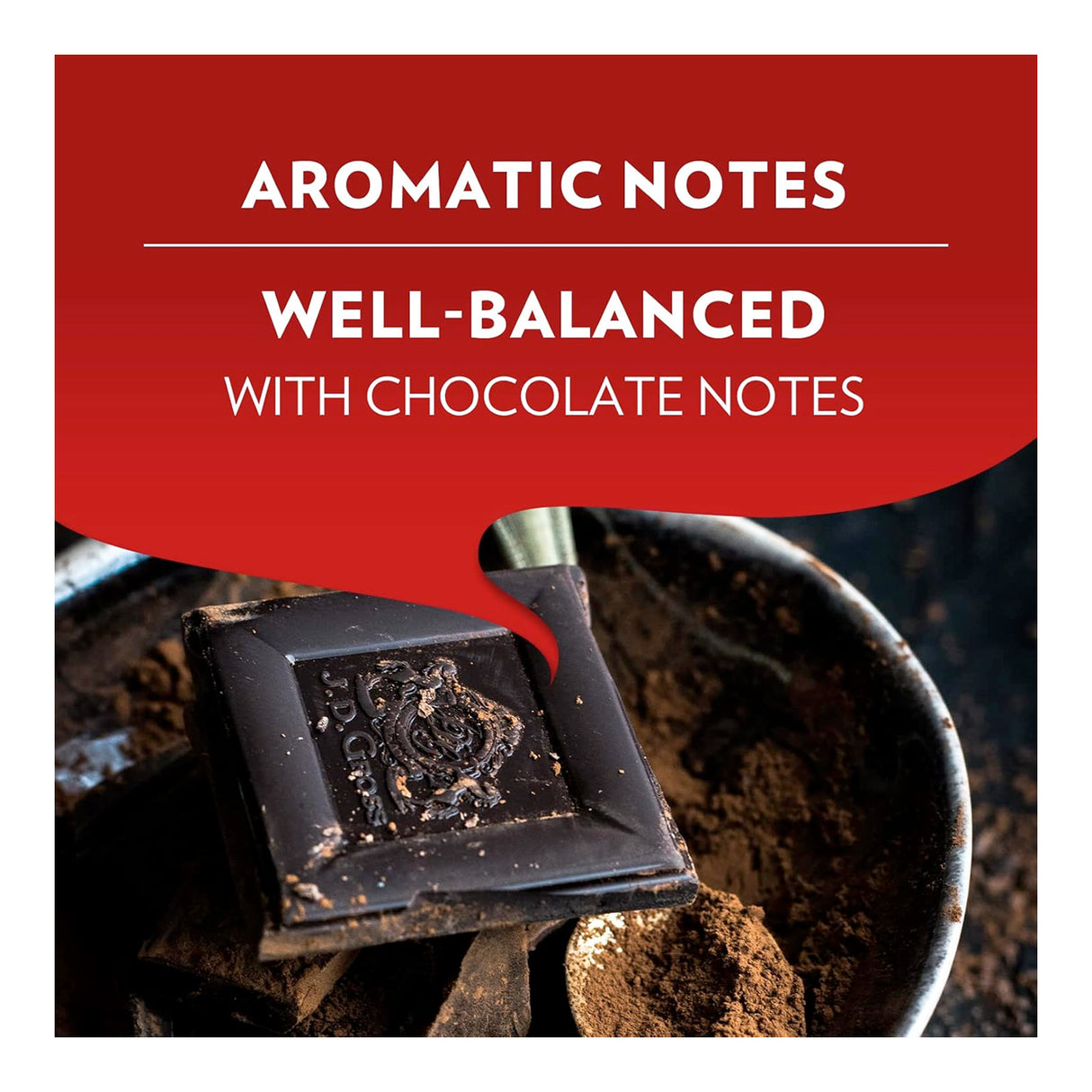 Chocolate bar with a focus on 'Aromatic Notes' and 'Well-Balanced with Chocolate Notes' text.