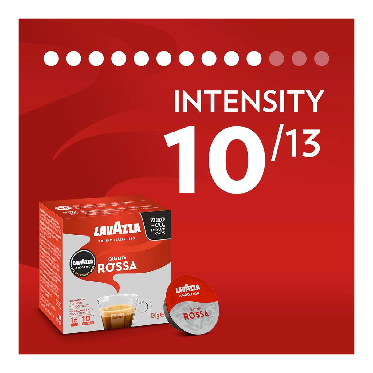 Lavazza Qualita Rossa coffee packaging with intensity rating on a red background