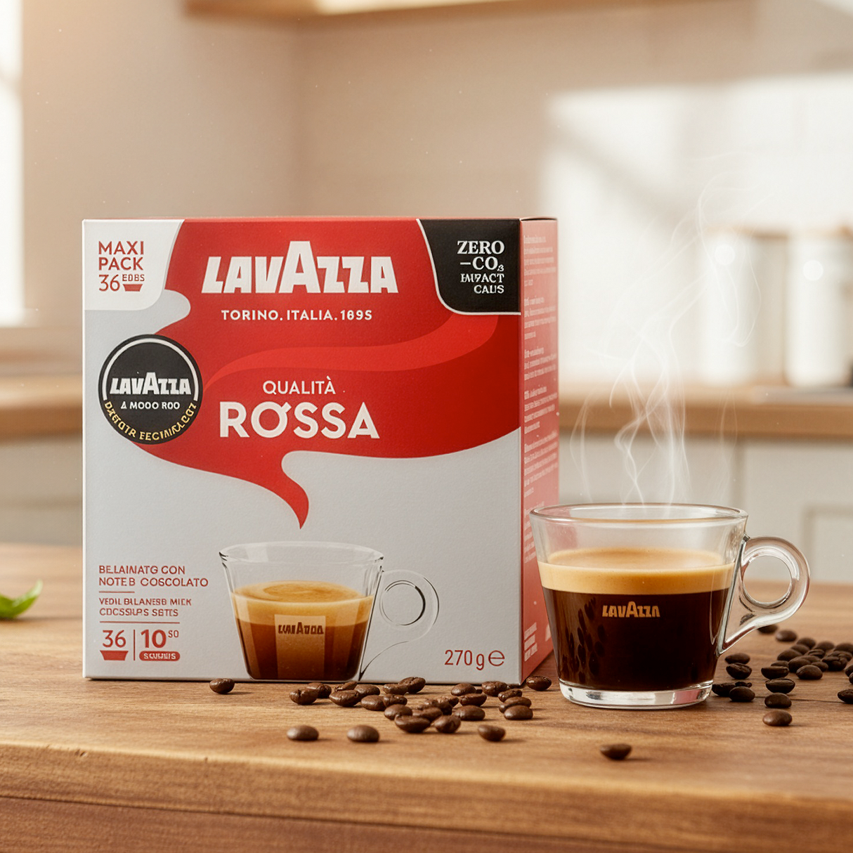 Lavazza Qualita Rossa coffee packaging with a glass of coffee and coffee beans on a wooden surface.