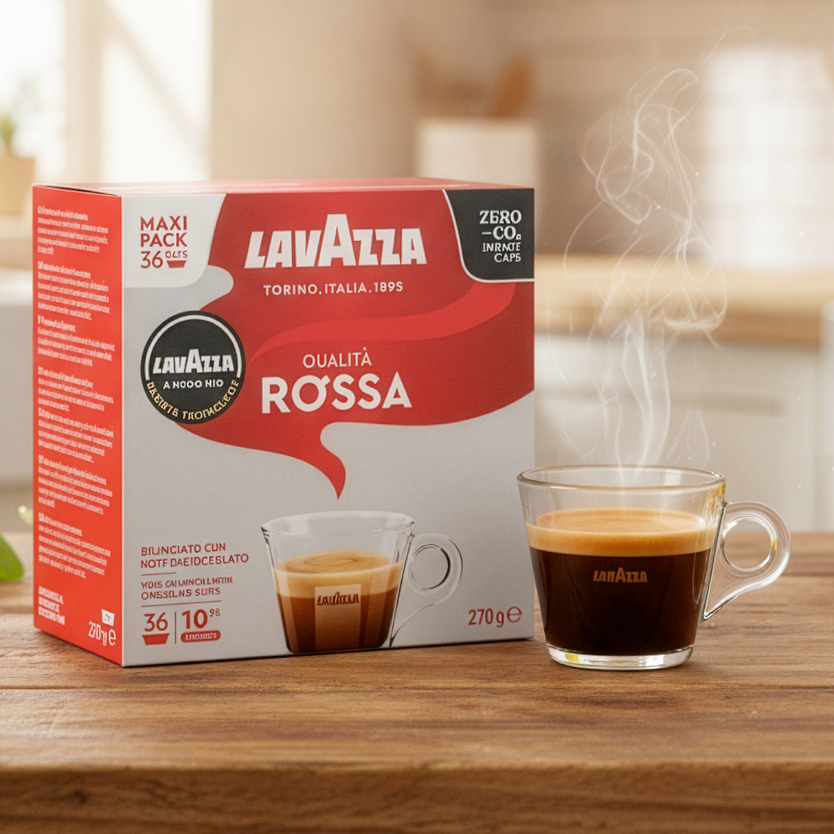 Lavazza Qualita Rossa coffee packaging with a steaming cup of coffee on a wooden surface.
