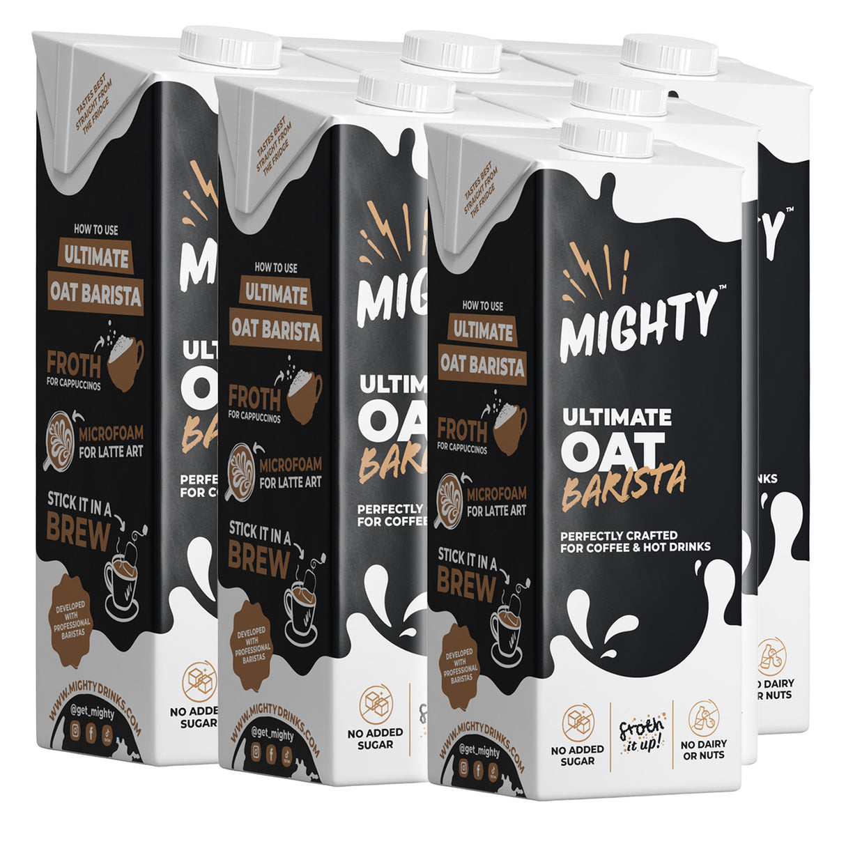 Multiple cartons of Mighty Ultimate Oat Barista on a white background