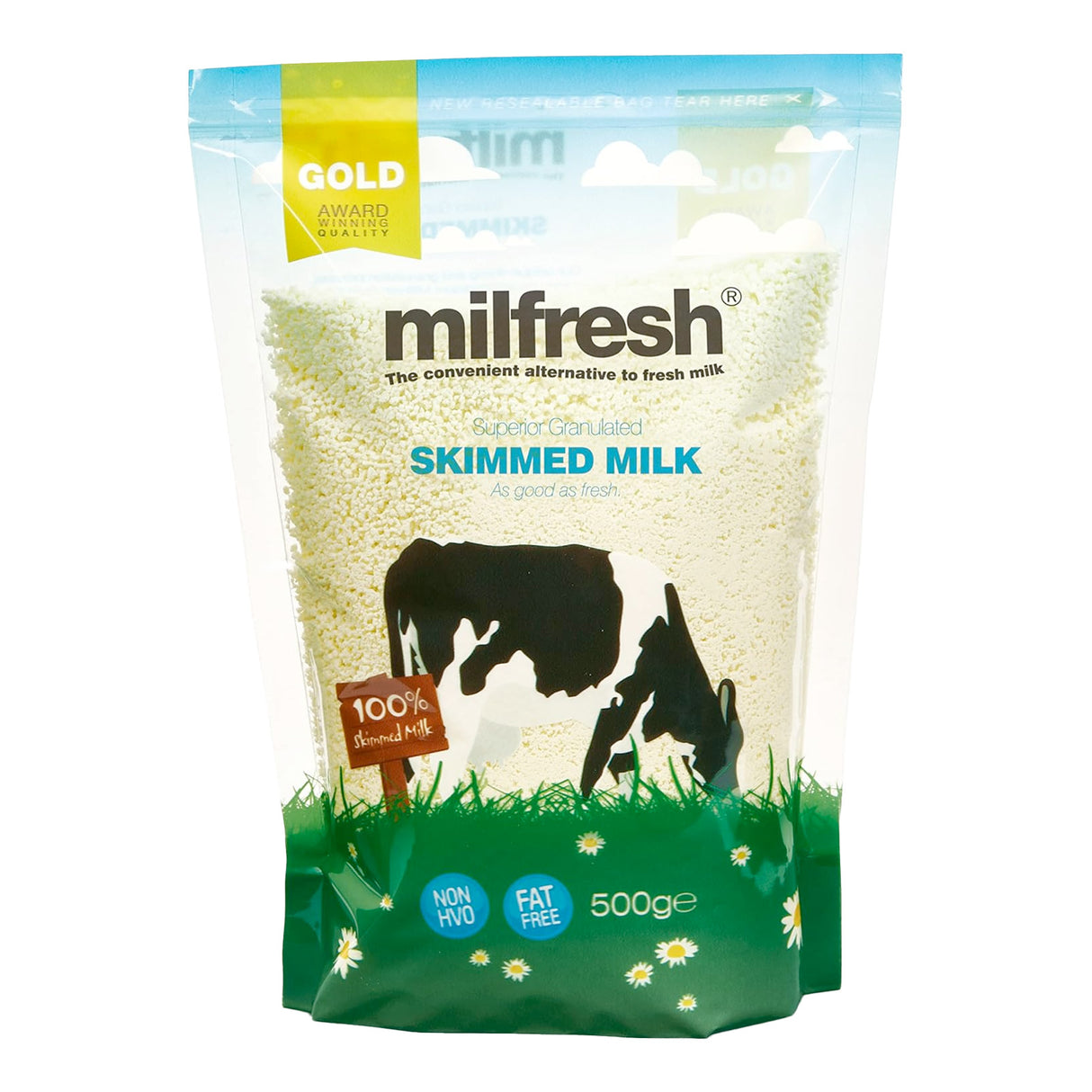 Package of Milfresh skimmed milk with a cow illustration on a white background