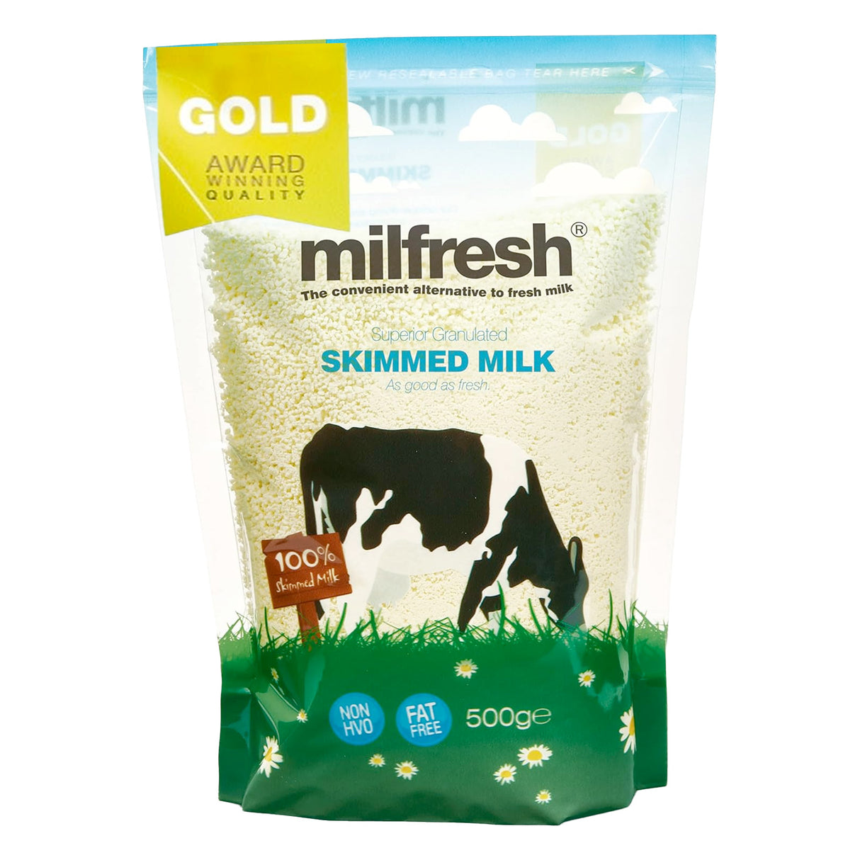 Package of Milfresh skimmed milk with a cow illustration on a white background