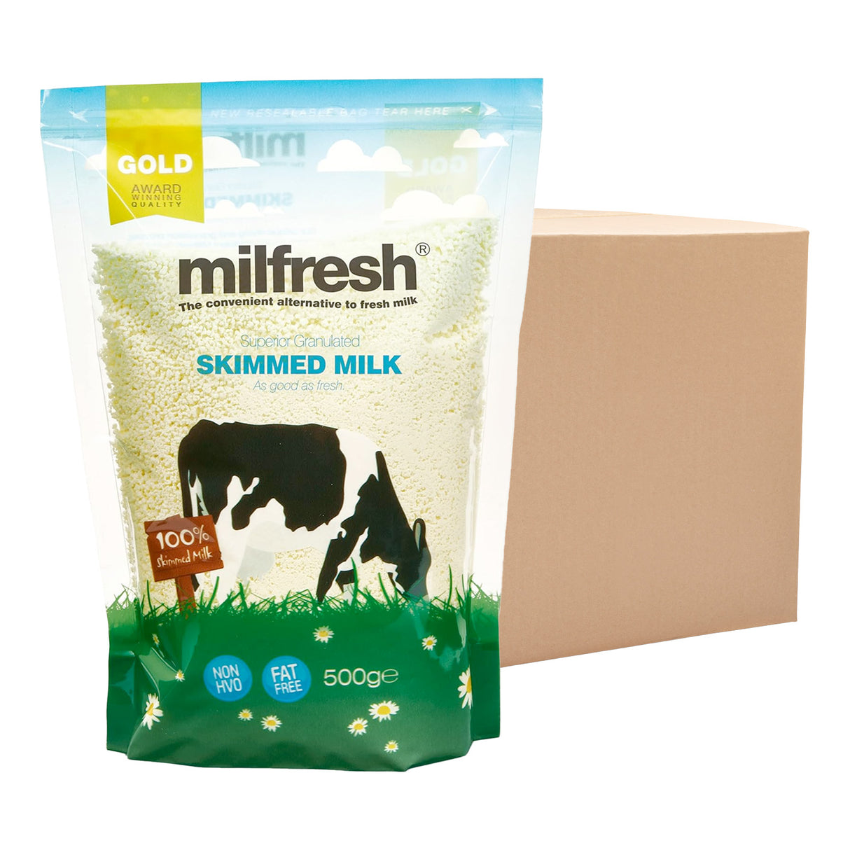 Package of Milfresh skimmed milk with a cardboard box on a white background