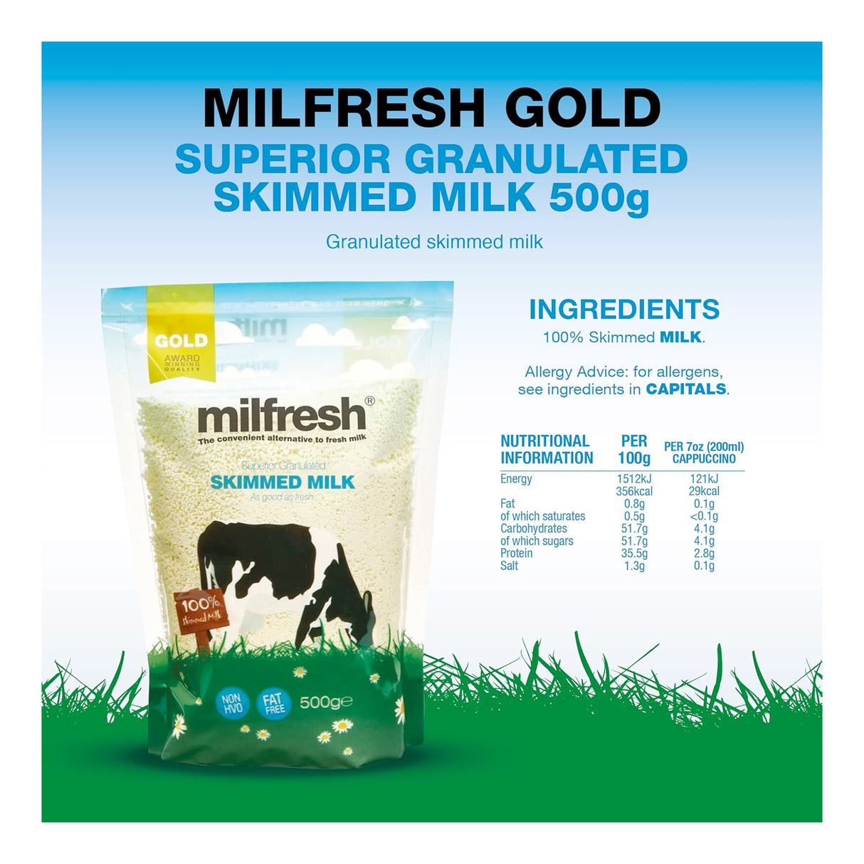 Milfresh Gold granulated skimmed milk packaging with ingredients and nutritional information on a blue and green background.