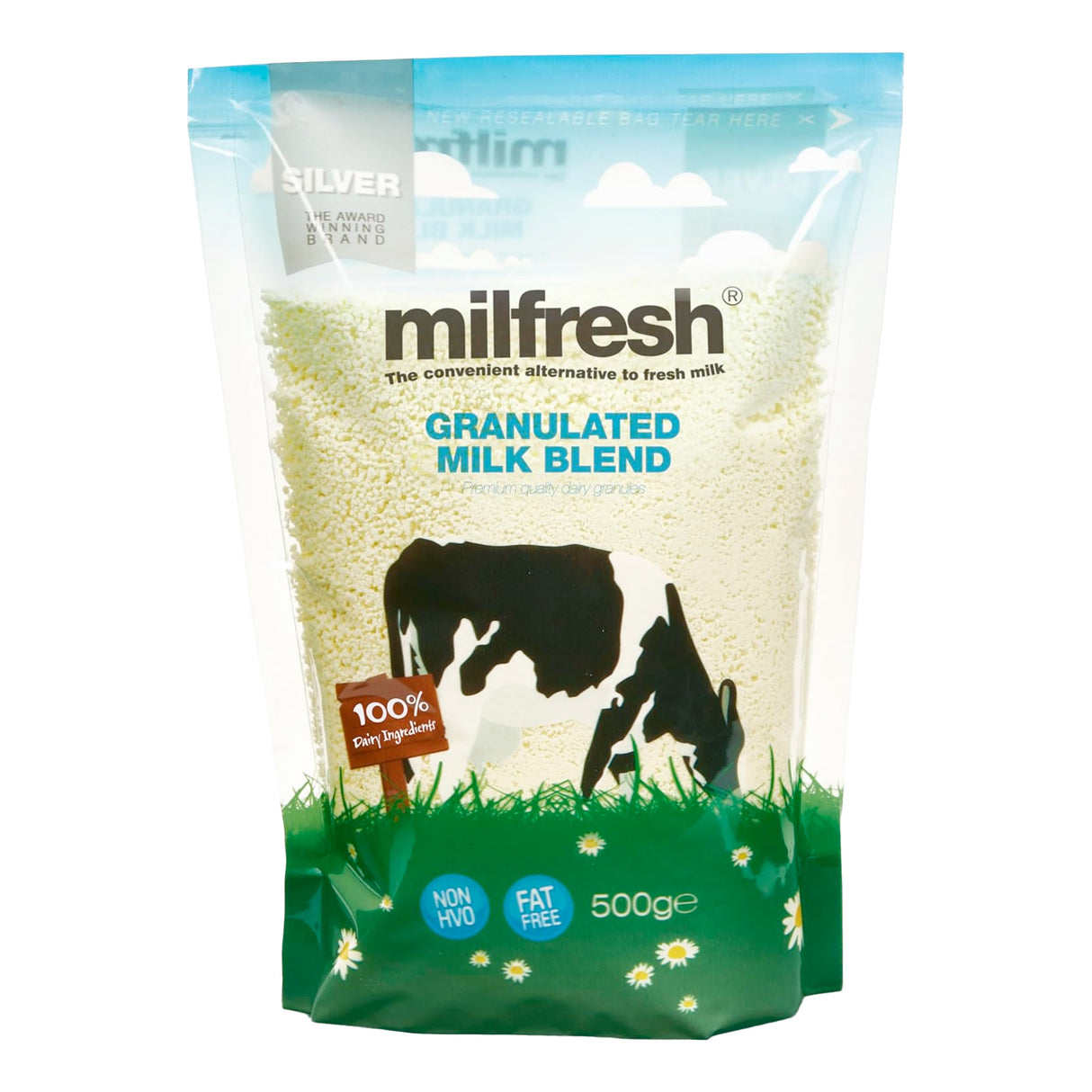 Package of Milfresh granulated milk blend with a cow illustration on a white background