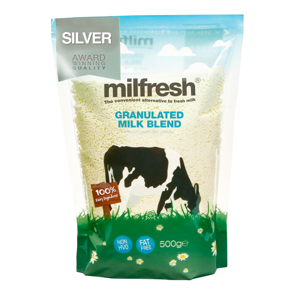 Package of Milfresh granulated milk blend with a cow illustration on a white background