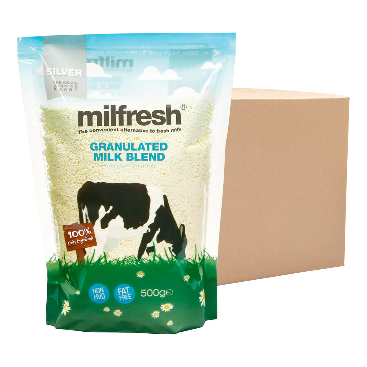 Milfresh granulated milk blend packaging with a cow illustration on a white background