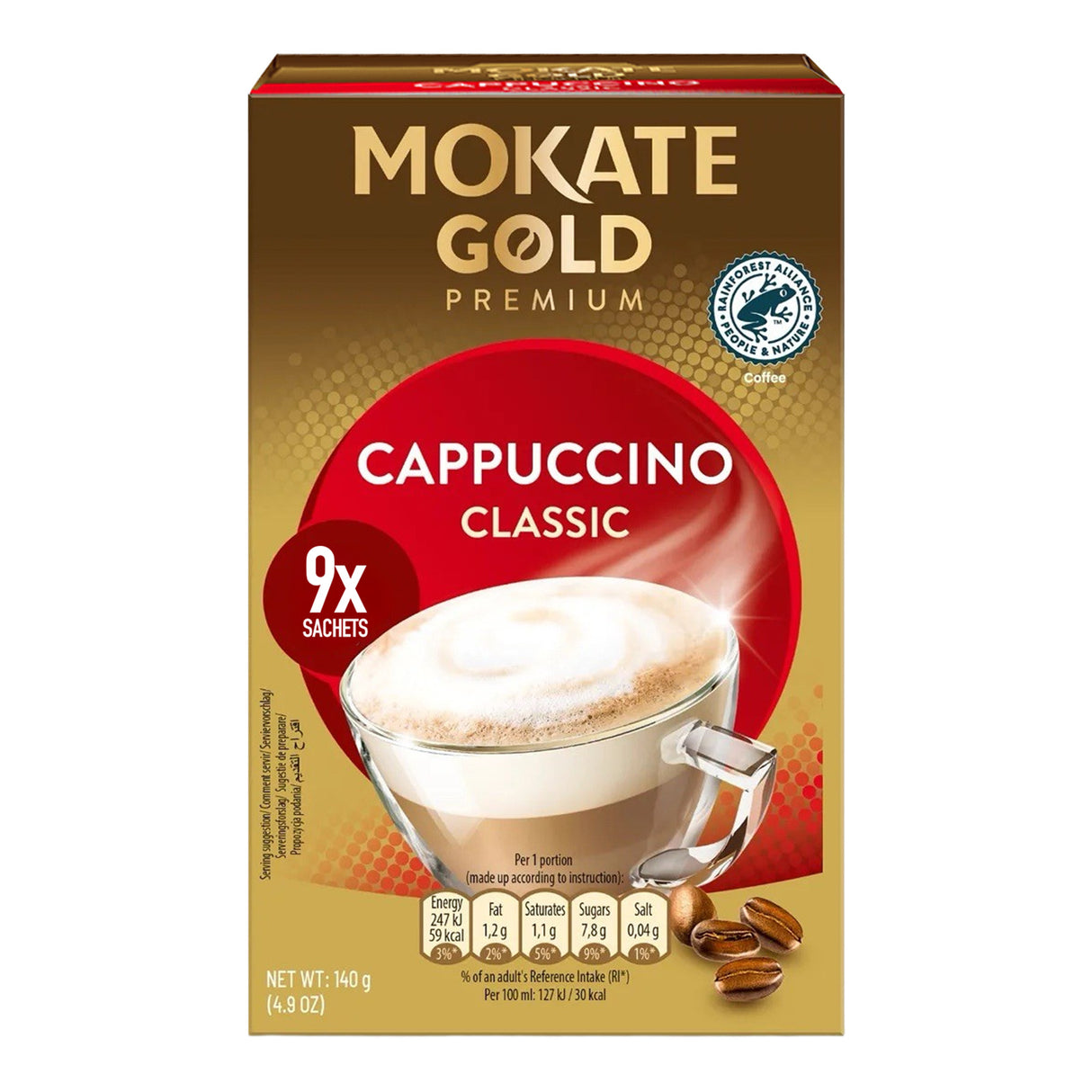 Mokate Gold Cappuccino Classic packaging on a white background
