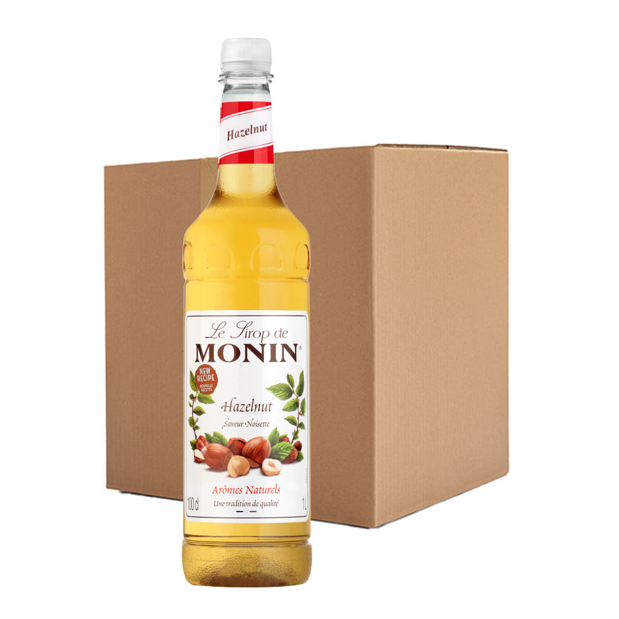 Monin hazelnut syrup bottle with a cardboard box on a white background