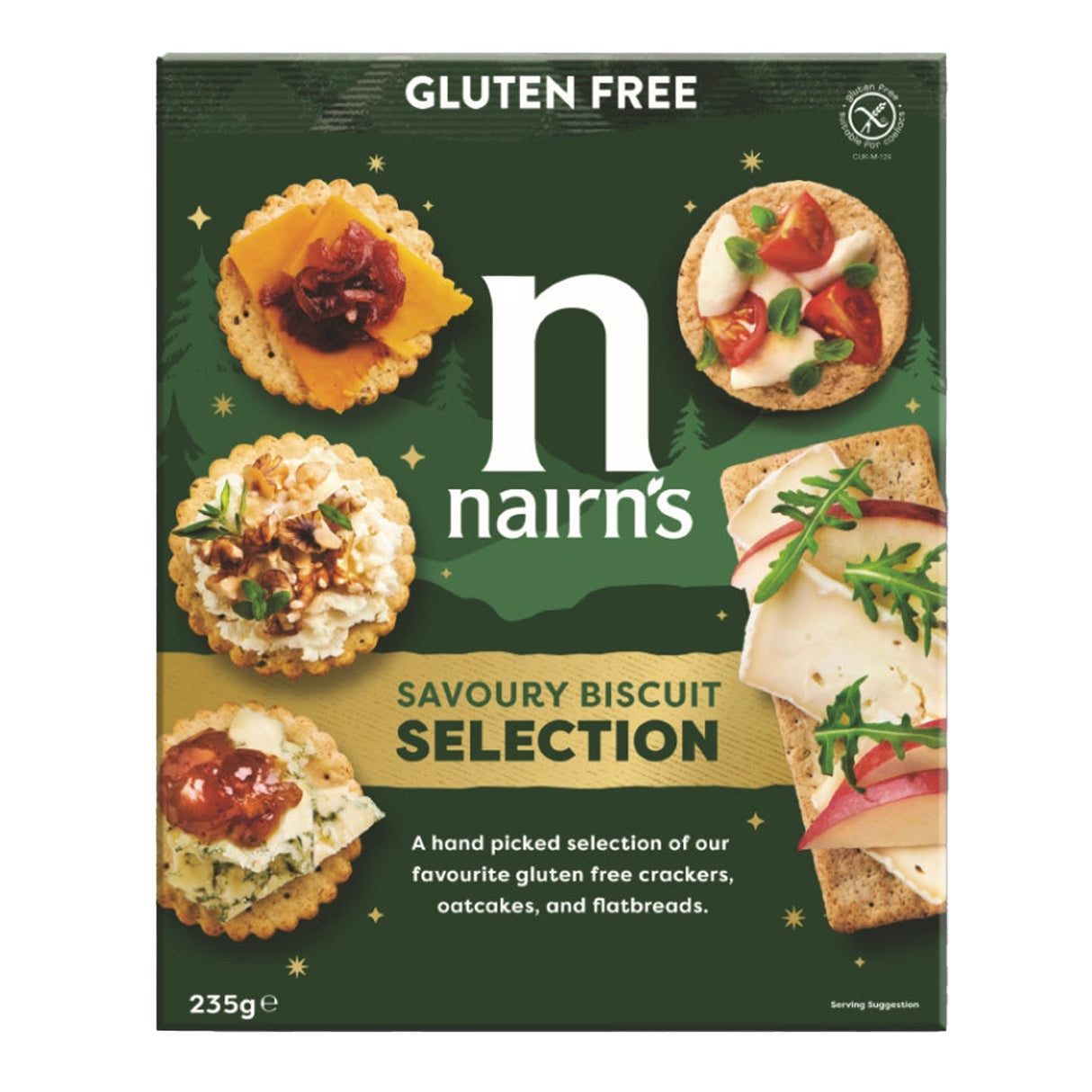Nairn's gluten-free savoury biscuit selection packaging on a white background