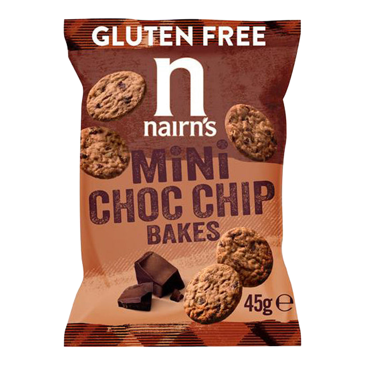 Packaging of Nairn's gluten-free mini choc chip bakes on a white background