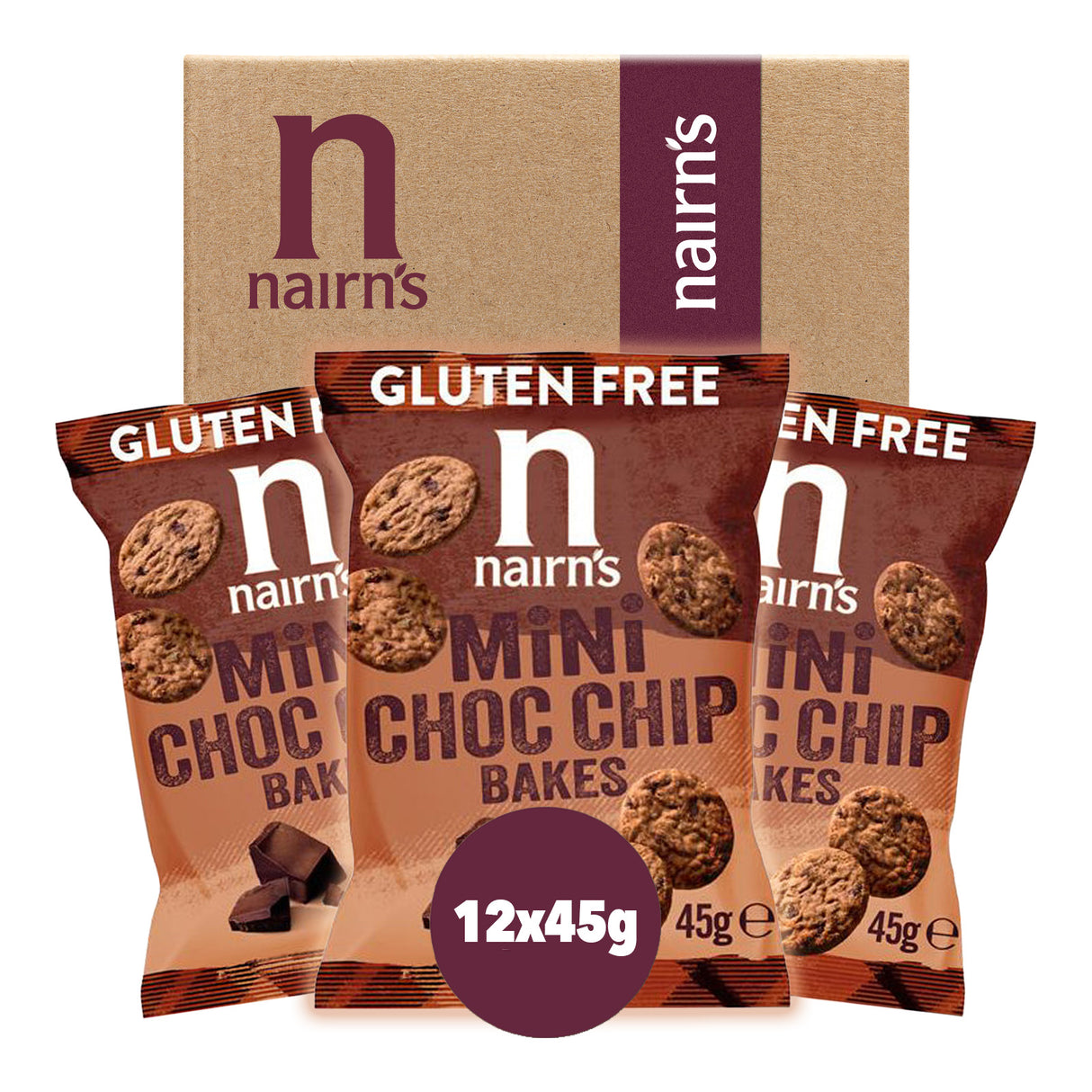 Nairn's gluten-free mini choc chip bakes packaging on a white background