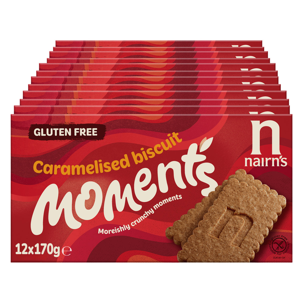 Packaging of Nairn's Caramelised Biscuit Moments with a red background