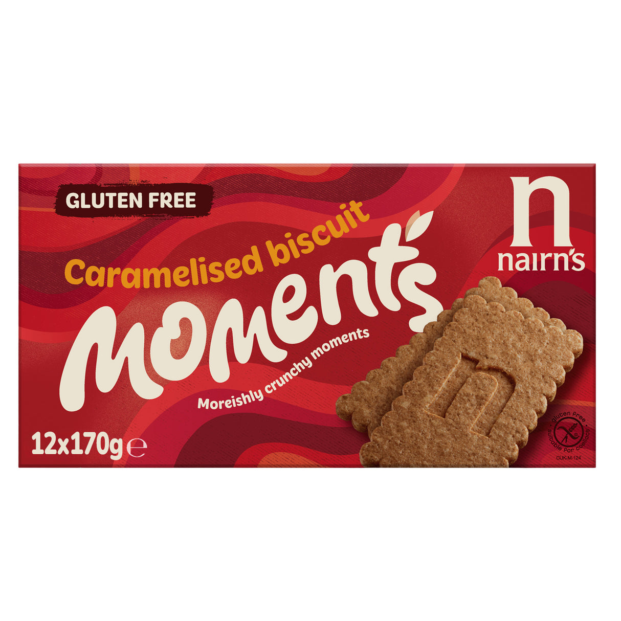 Box of Nairn's Caramelised Biscuit Moments with a gluten-free label on a red background