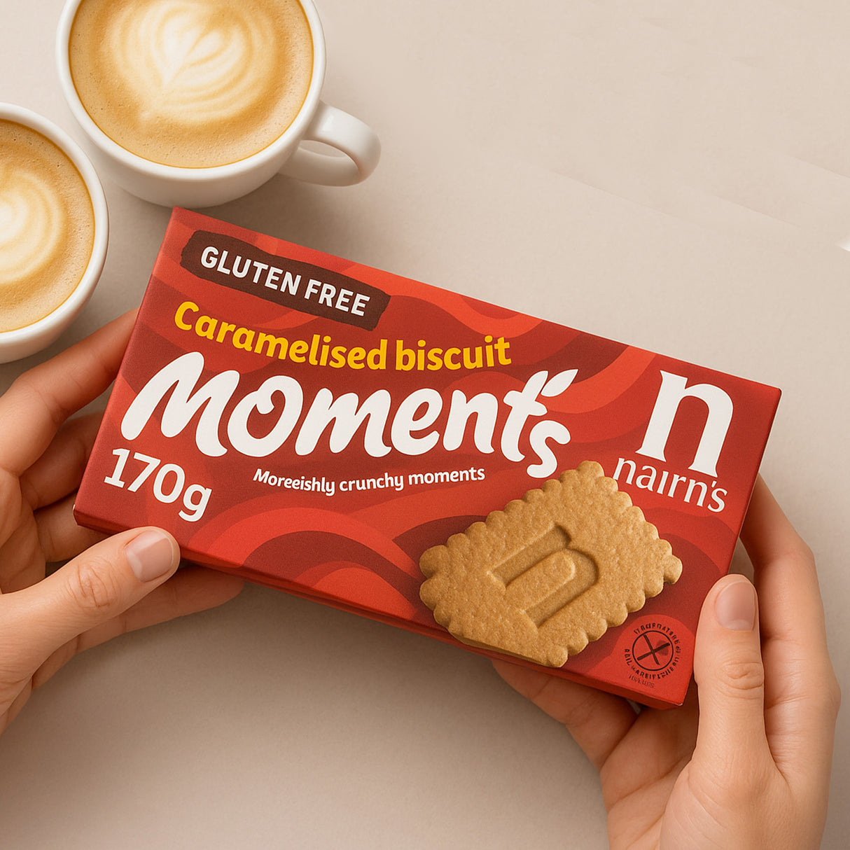 Nairn's Moments caramelised biscuit box held by hands with a cup of coffee in the background