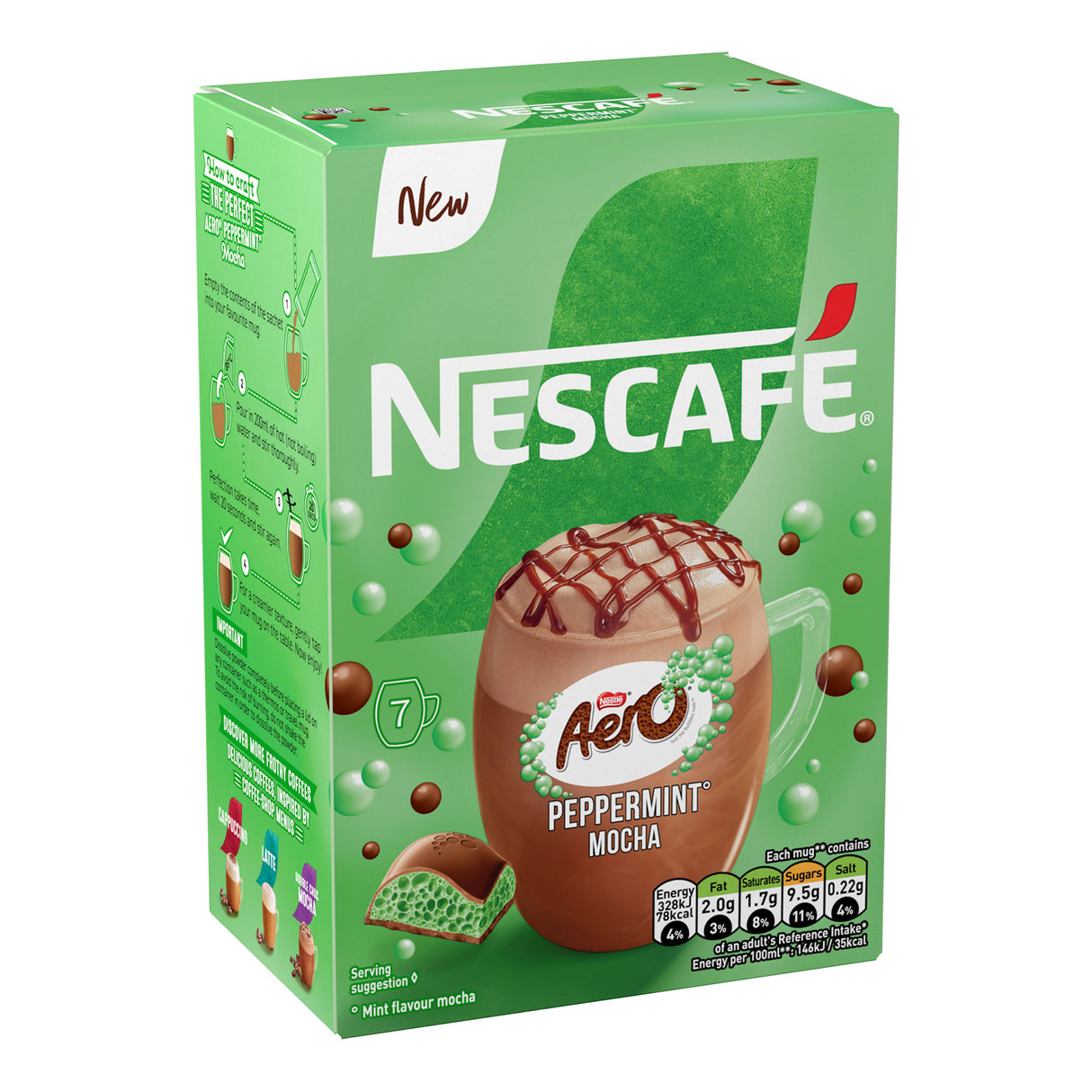 Green Nescafe Aero Peppermint Mocha packaging on a white background