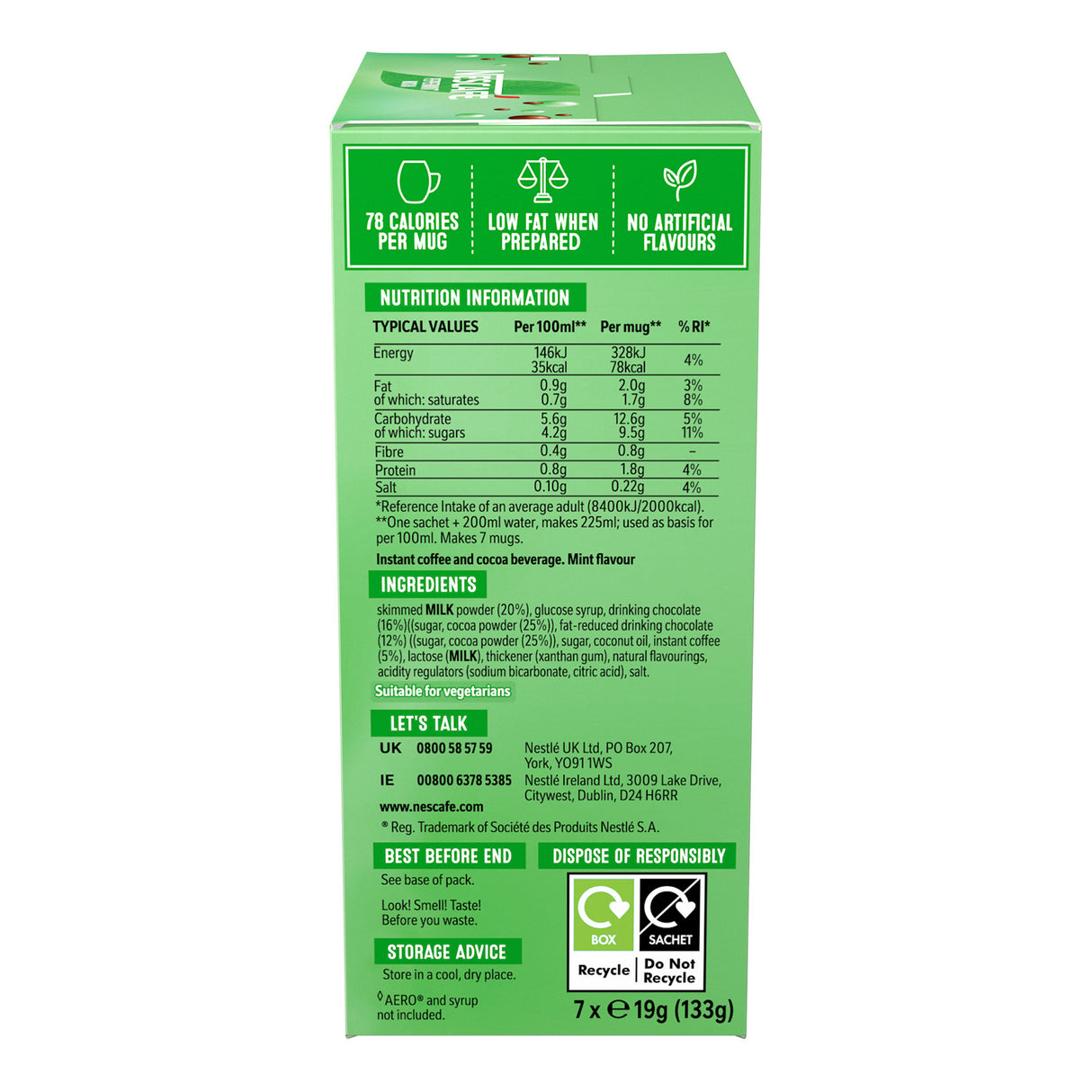 Green box with nutritional information and ingredients on a white background