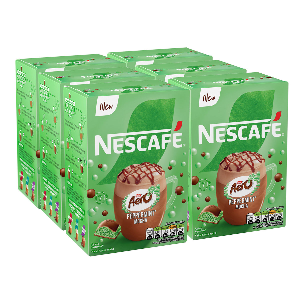 Multiple boxes of Nescafe Aero Peppermint Mocha on a white background