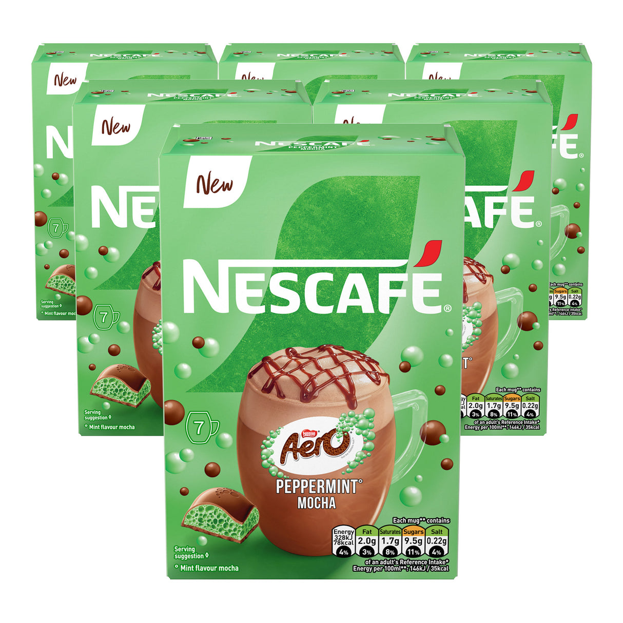 Multiple boxes of Nescafe Aero Peppermint Mocha on a white background