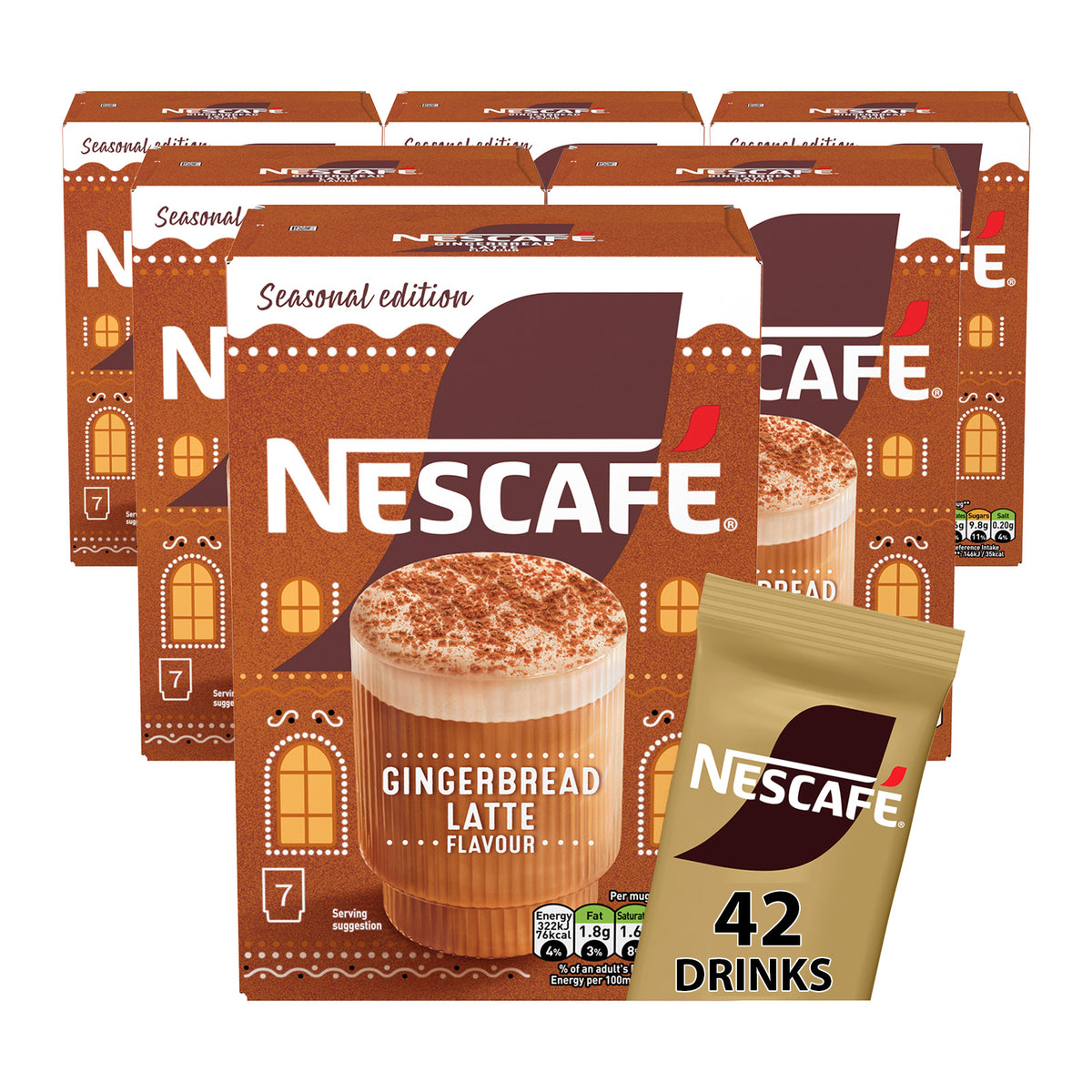 Five boxes of Nescafe Seasonal Edition Gingerbread Latte Flavour coffee pods, with one individual 42-drink pouch in the foreground, set against a plain white background.