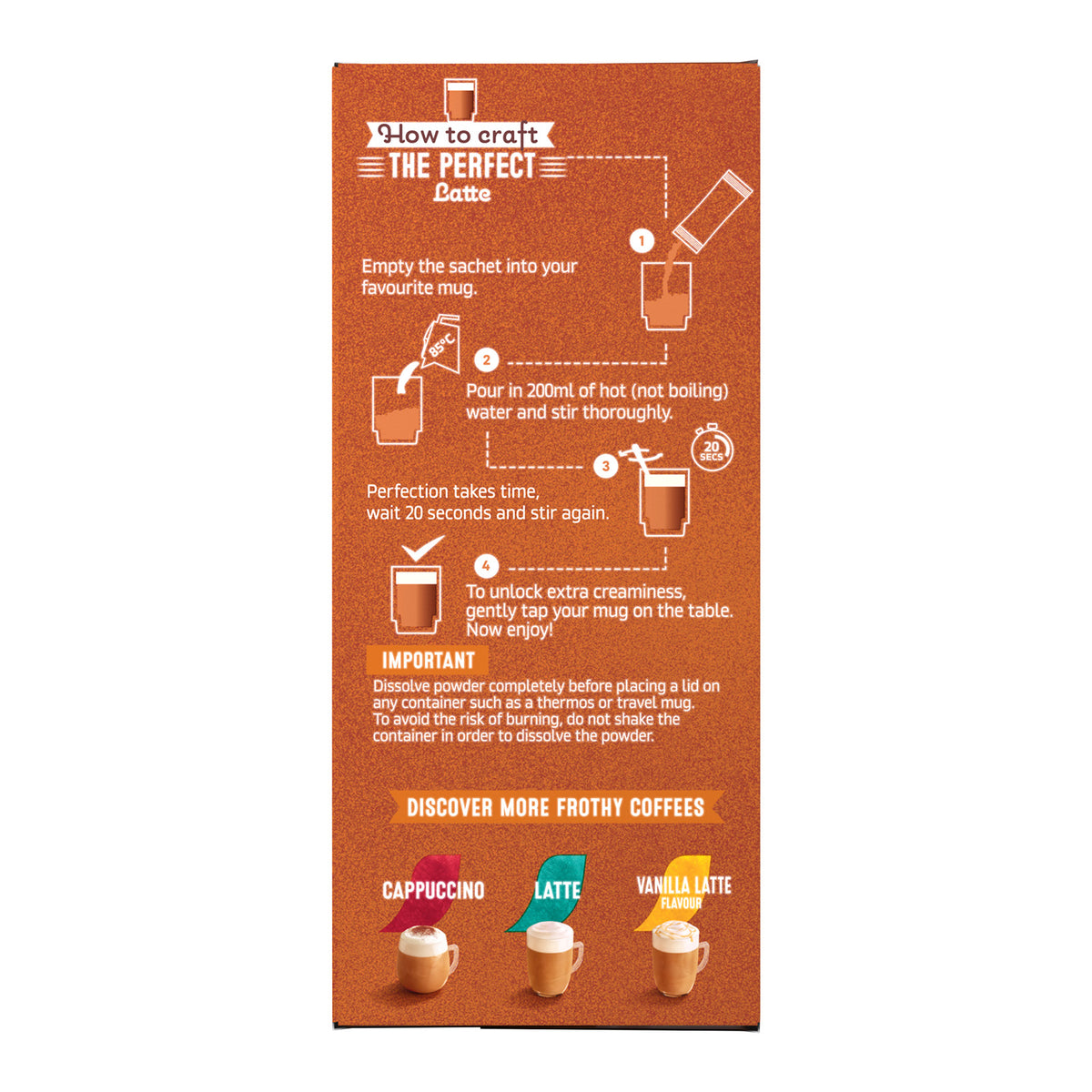 An orange cardboard packaging panel with illustrated instructions for making a perfect latte, including step-by-step diagrams and coffee flavor suggestions at the bottom.