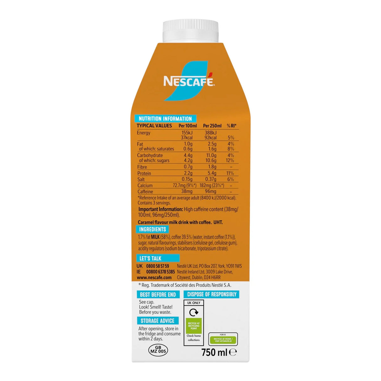 Nescafe instant coffee drink container with nutritional information on a white background