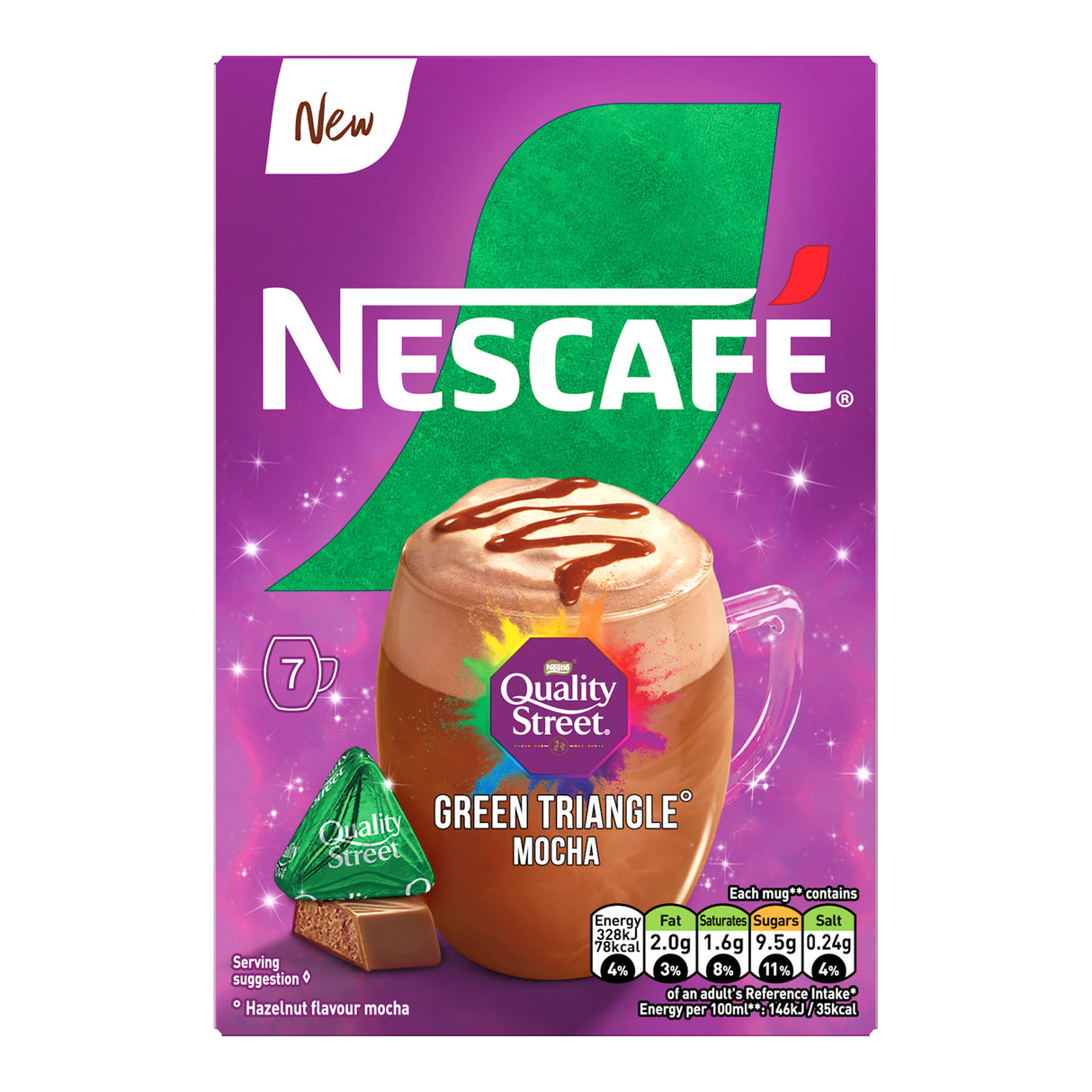 Nescafe Green Triangle Mocha packaging with Quality Street on a purple background
