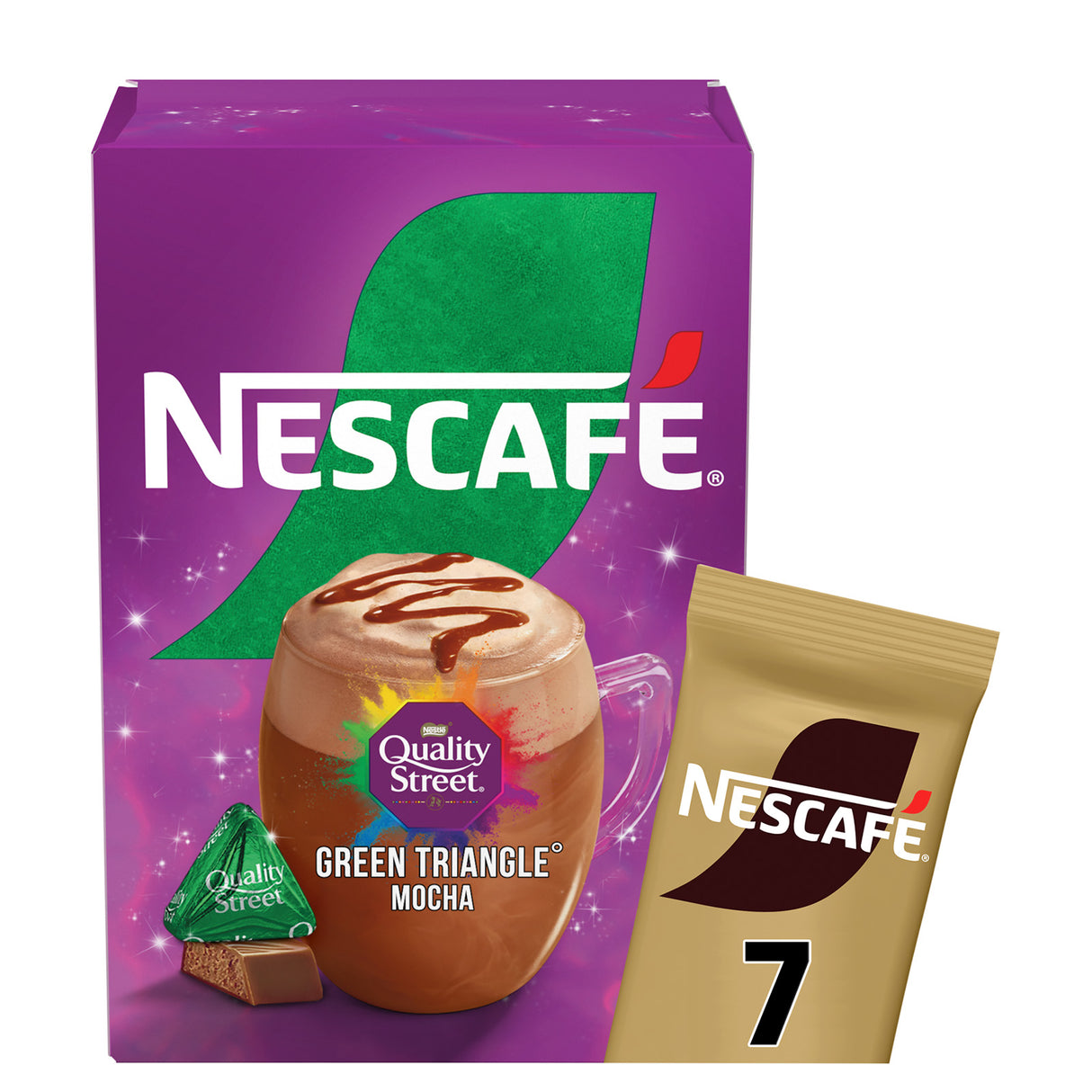 Nescafe packaging with a cup of coffee and Quality Street chocolate, on a white background