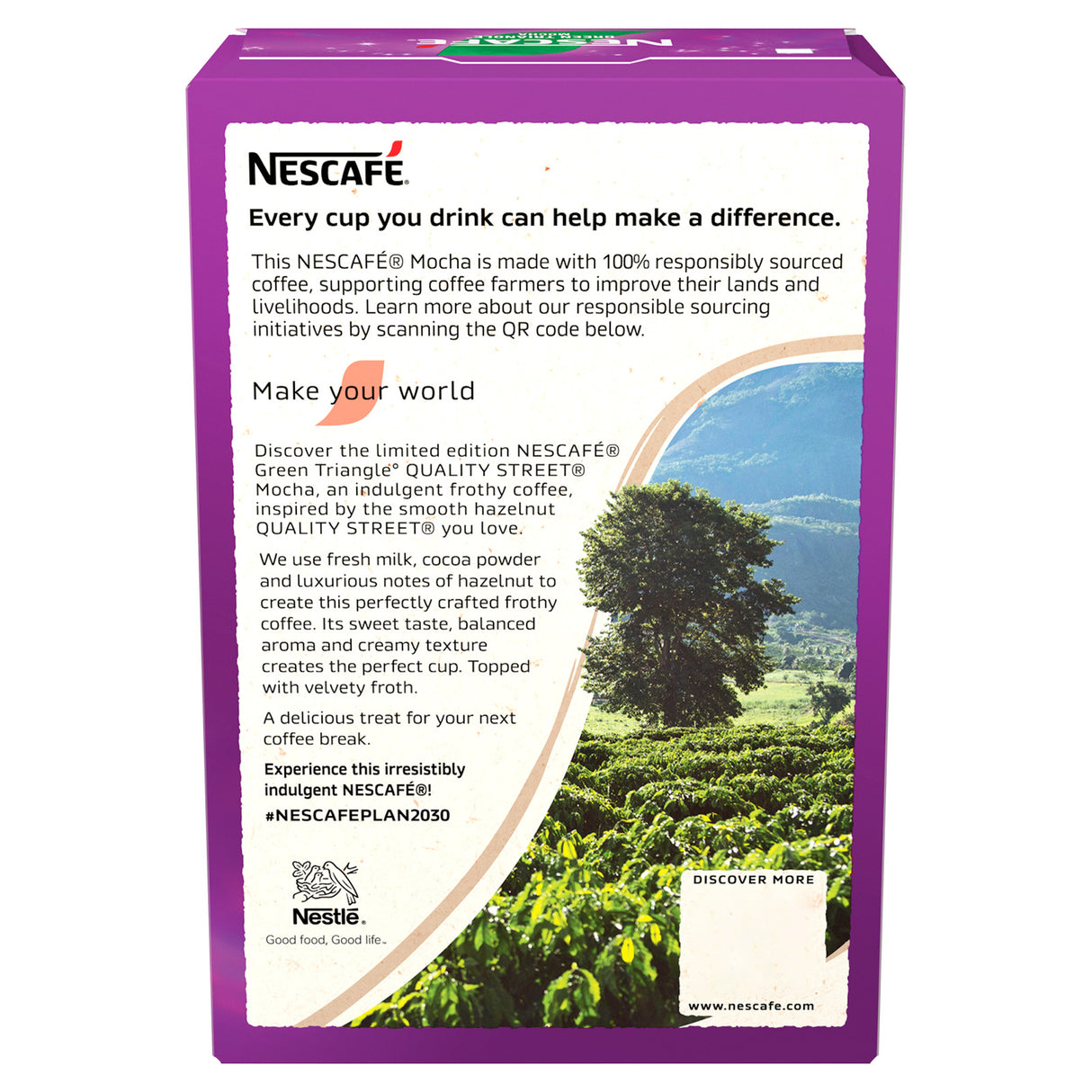Nescafe coffee packaging with a purple border and green landscape image.